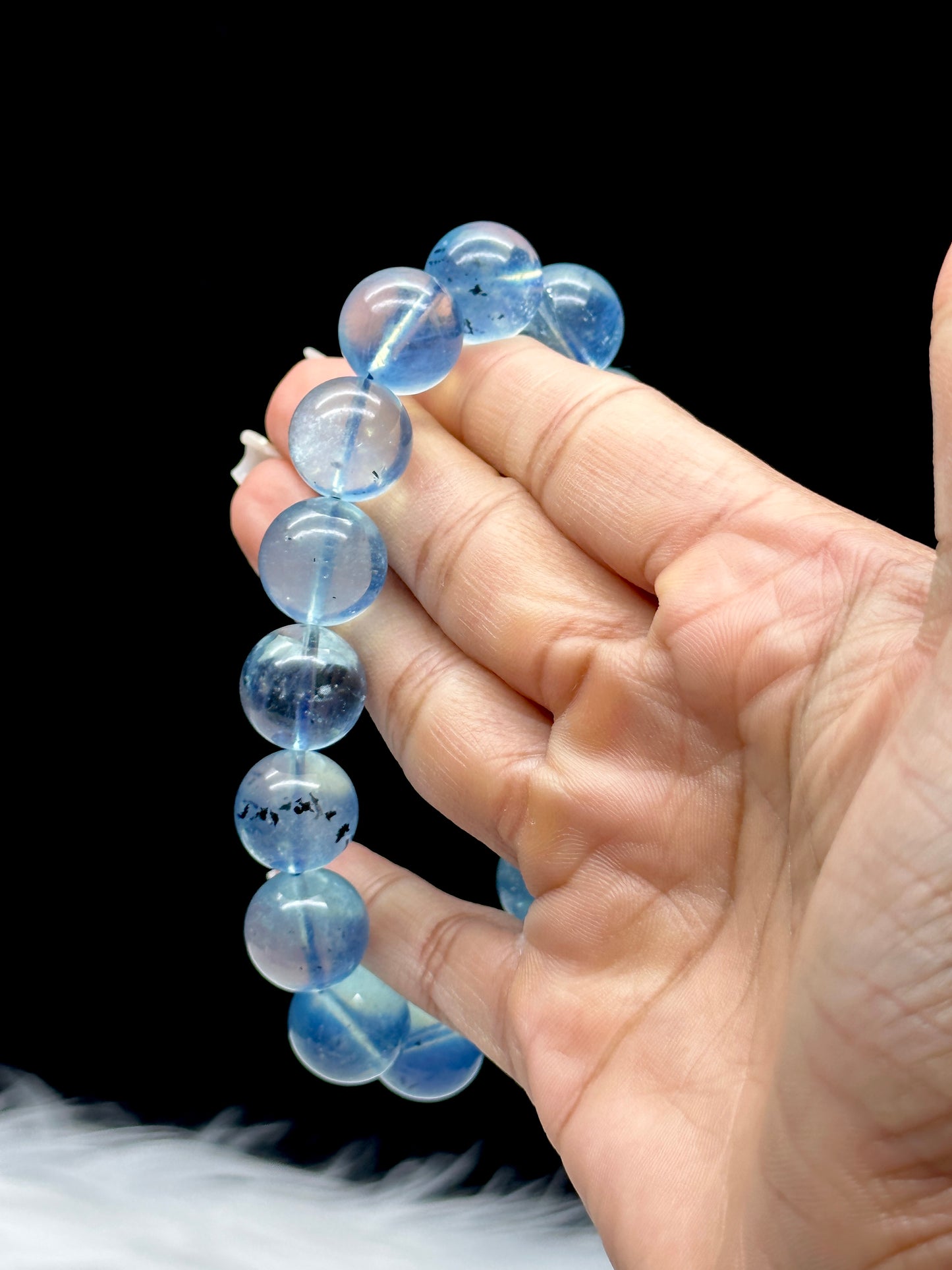 Gem Grade Aquamarine Crystal Bracelet – 14mm Premium Beads, Tourmaline inclusion in few beads,Calming Energy