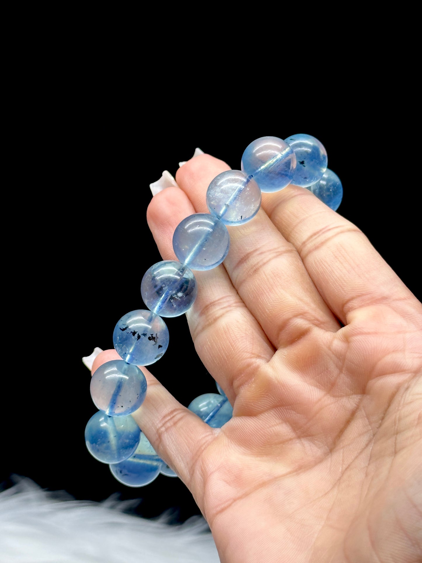 Gem Grade Aquamarine Crystal Bracelet – 14mm Premium Beads, Tourmaline inclusion in few beads,Calming Energy