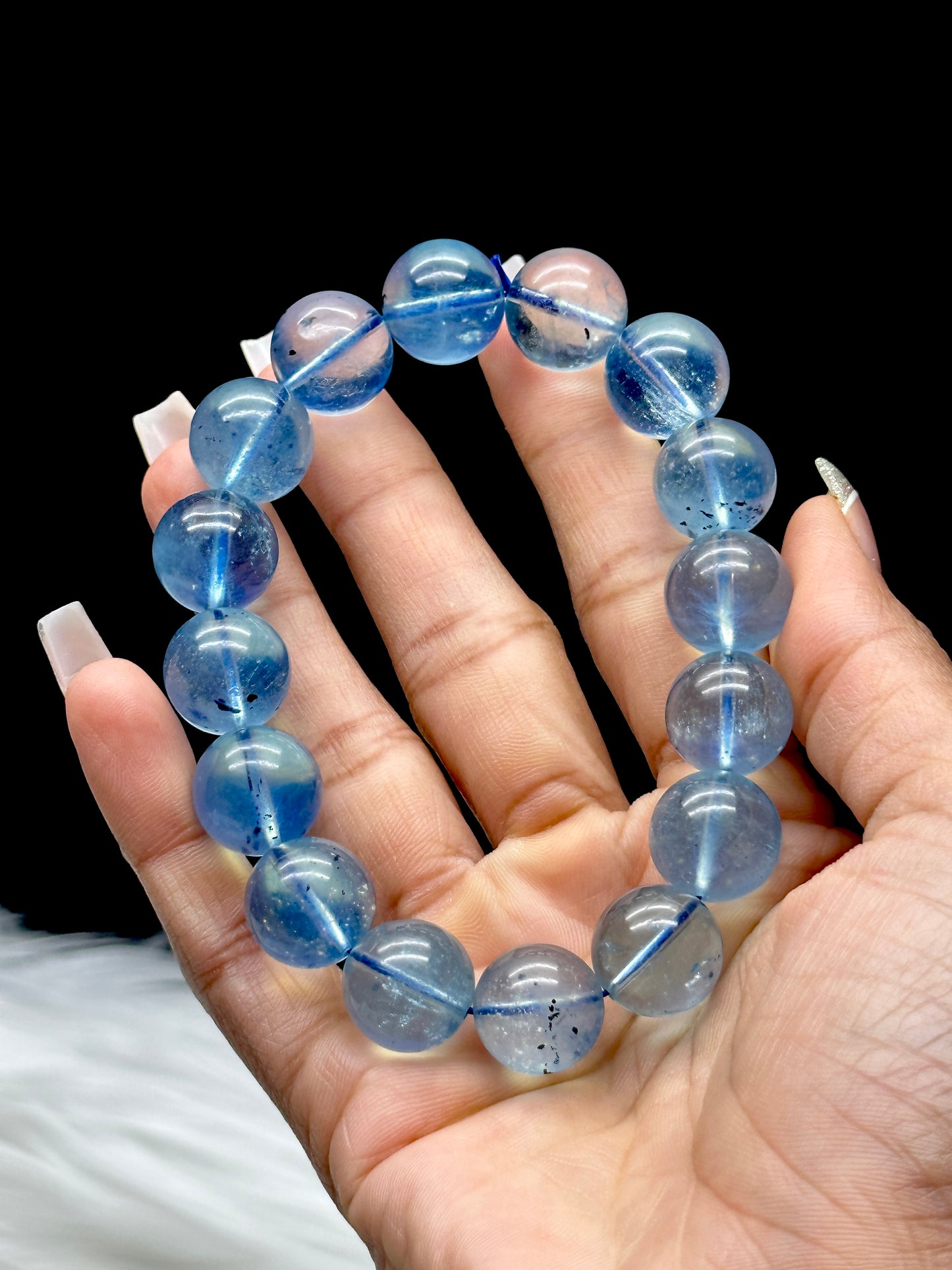 Gem Grade Aquamarine Crystal Bracelet – 14mm Premium Beads, Tourmaline inclusion in few beads,Calming Energy