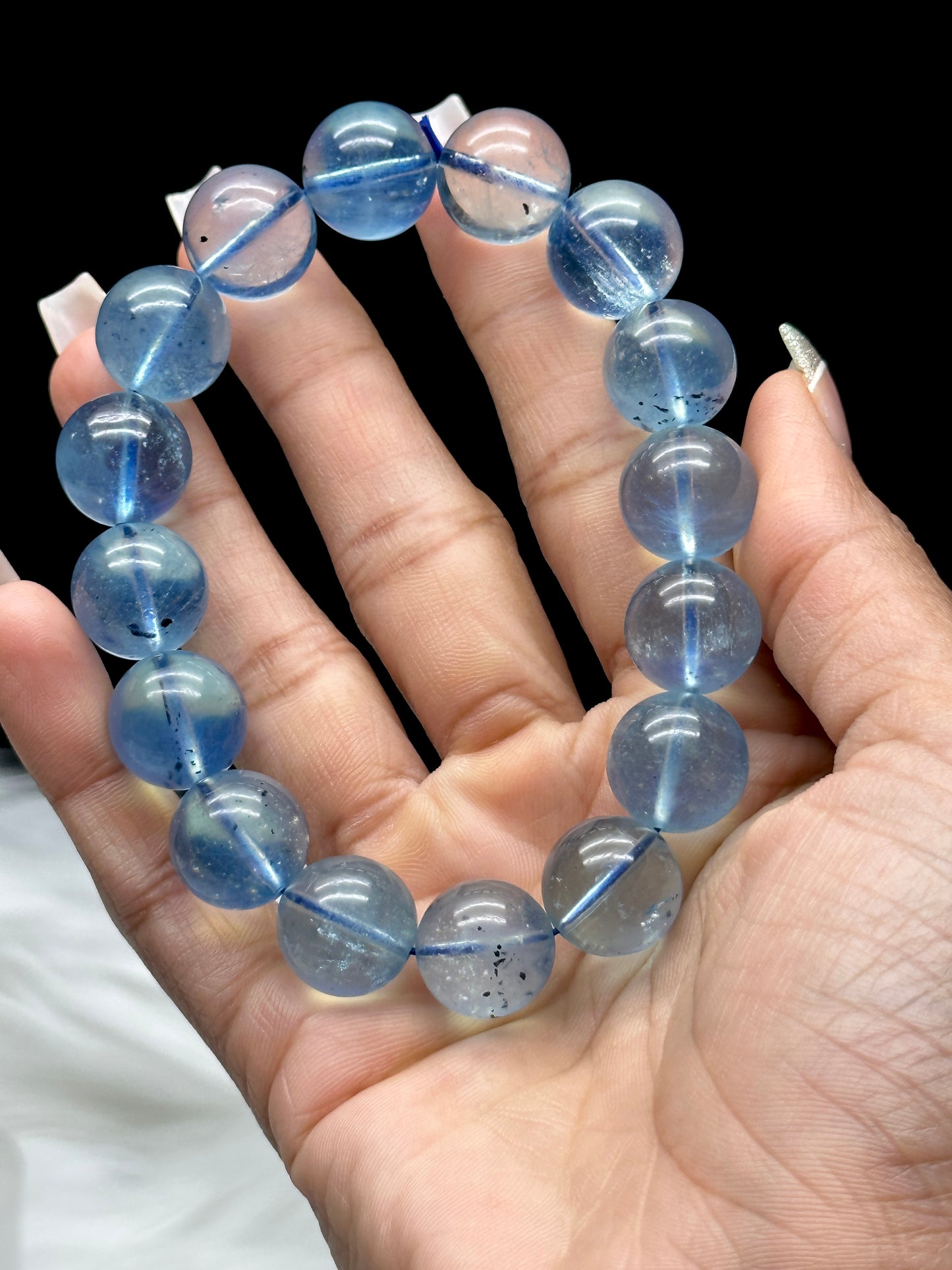 Gem Grade Aquamarine Crystal Bracelet – 14mm Premium Beads, Tourmaline inclusion in few beads,Calming Energy
