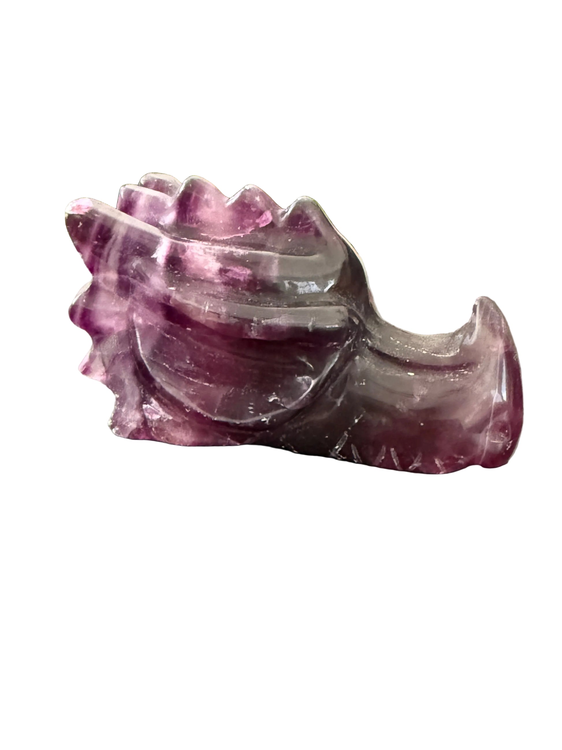Purple fluorite crystal dragon head carving front face view