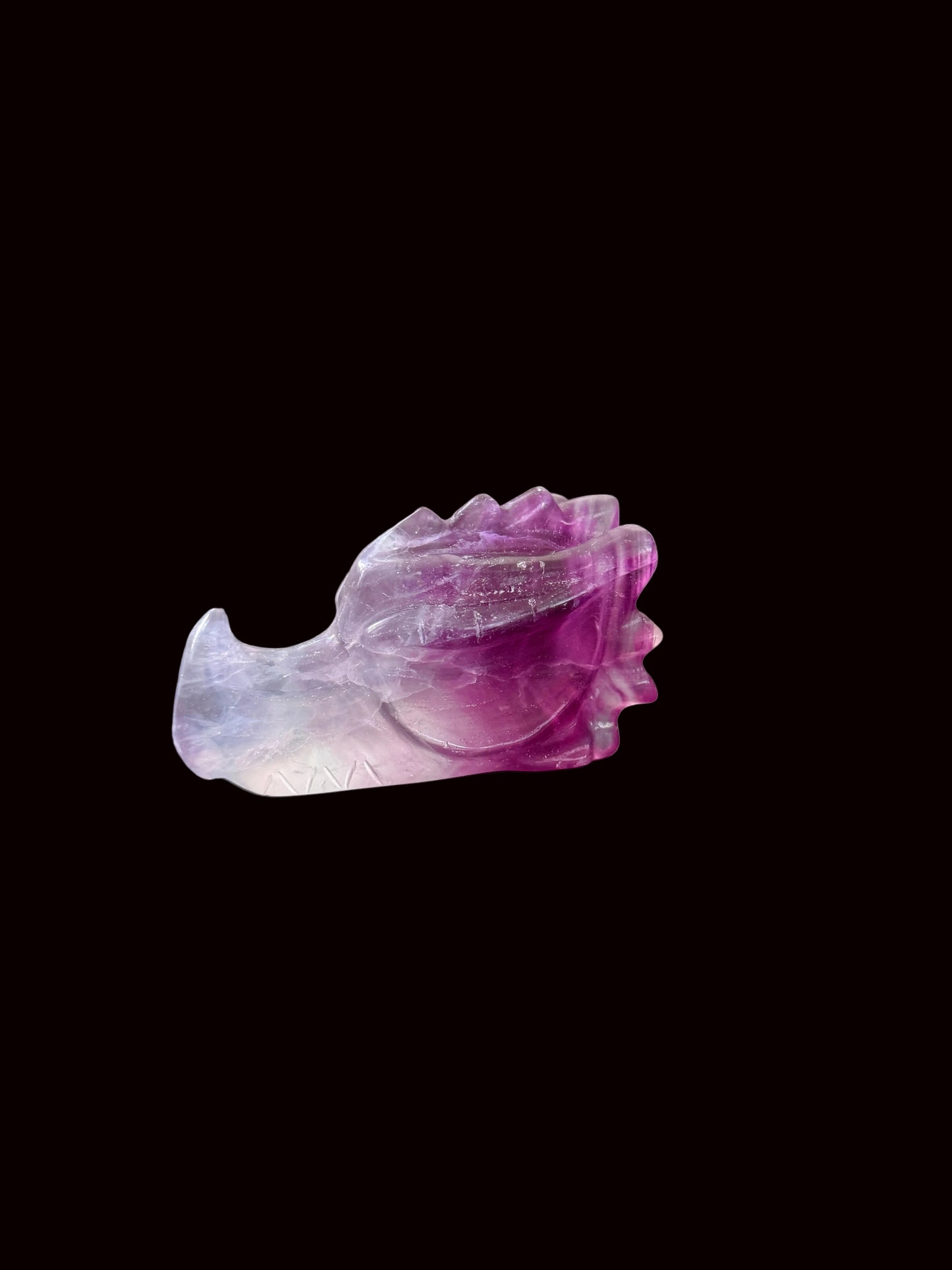 Lavender purple fluorite crystal dragon head carving side view on dark table with altar background