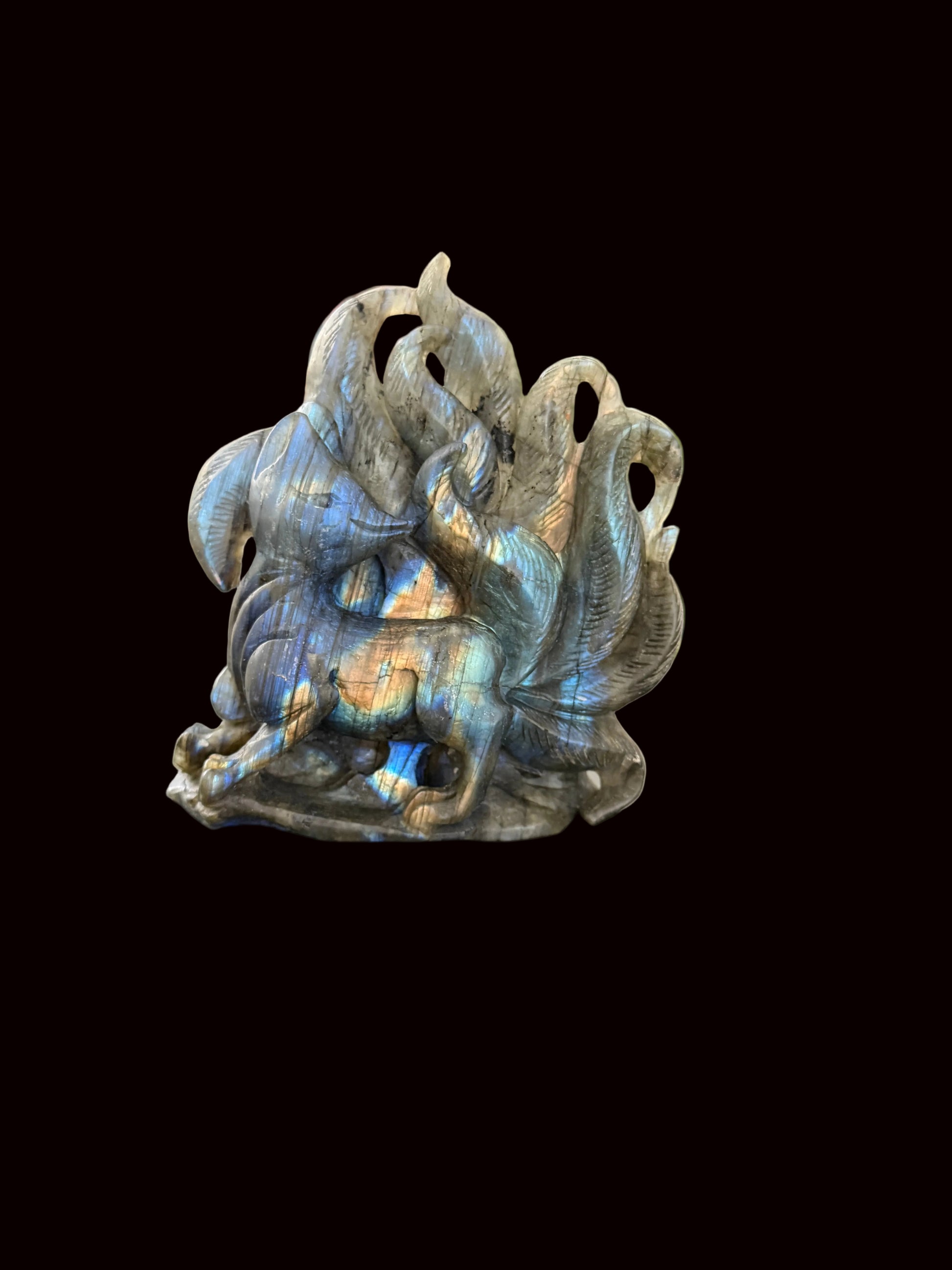 Labradorite nine-tail fox crystal carving back angle view showing flowing tails