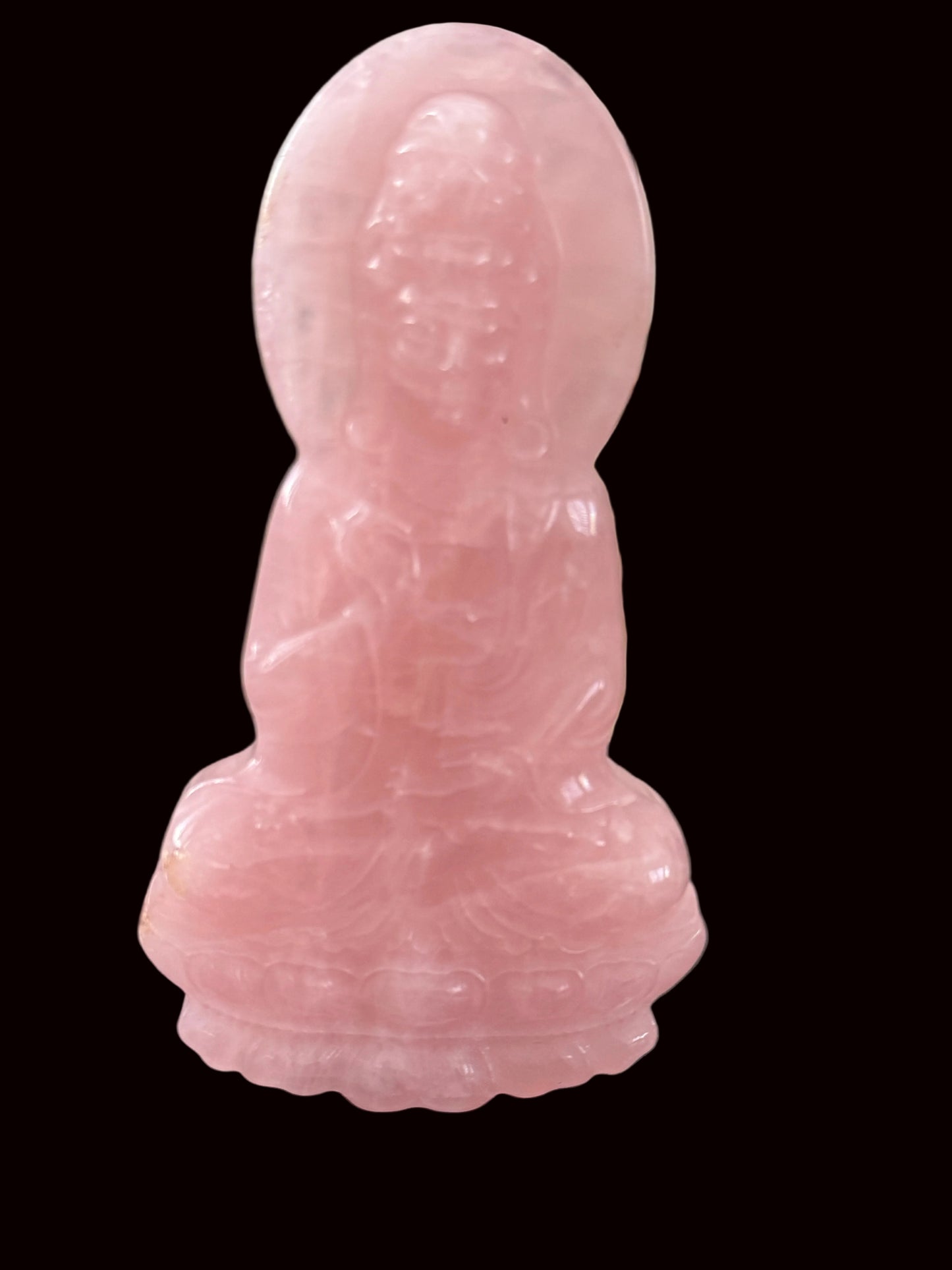 Rose quartz Guan Yin carving back view showing halo and lotus throne detail
