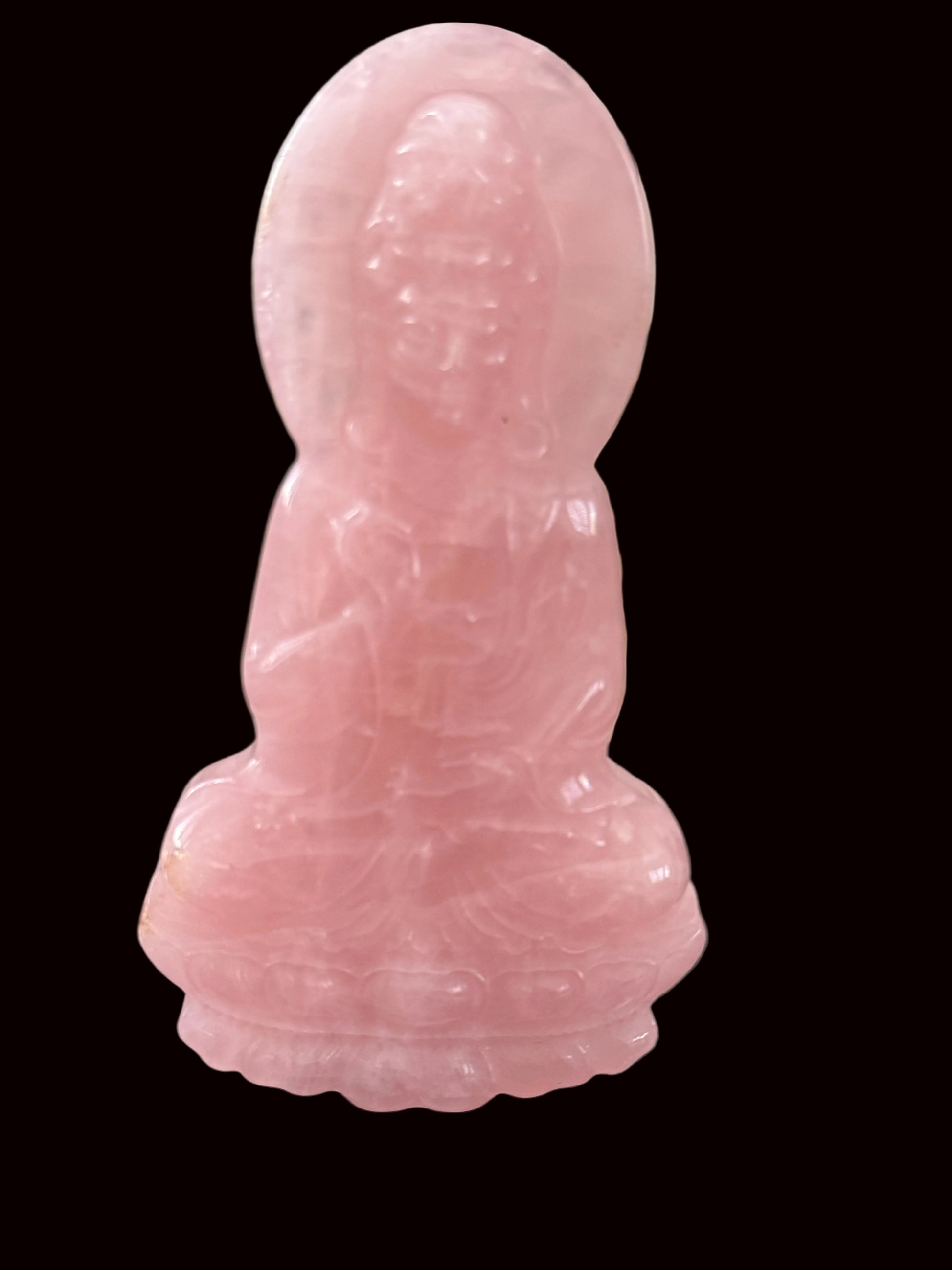 Rose quartz Guan Yin carving back view showing halo and lotus throne detail