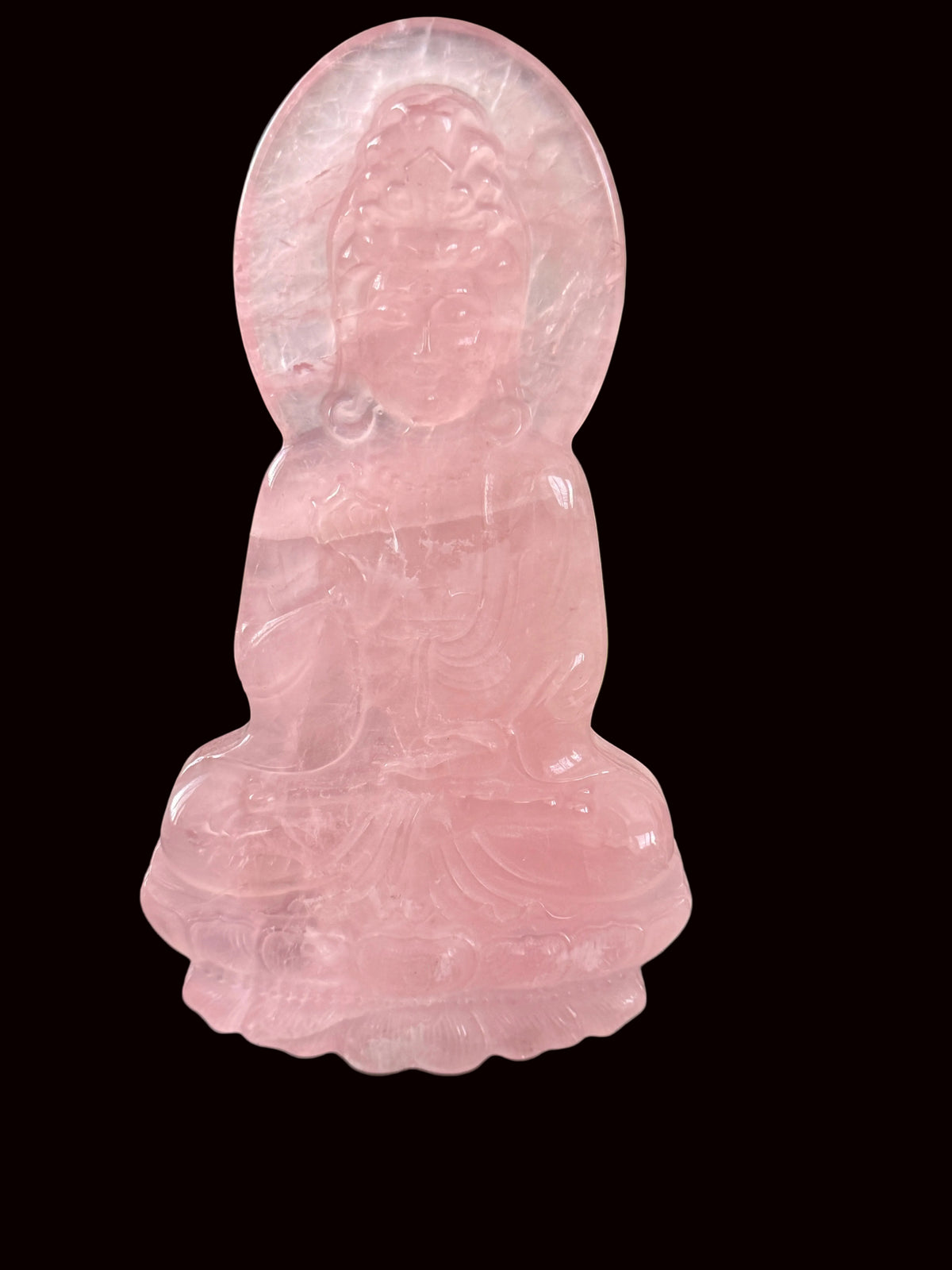 Rose quartz Guan Yin slab carving back view showing halo and robe detail