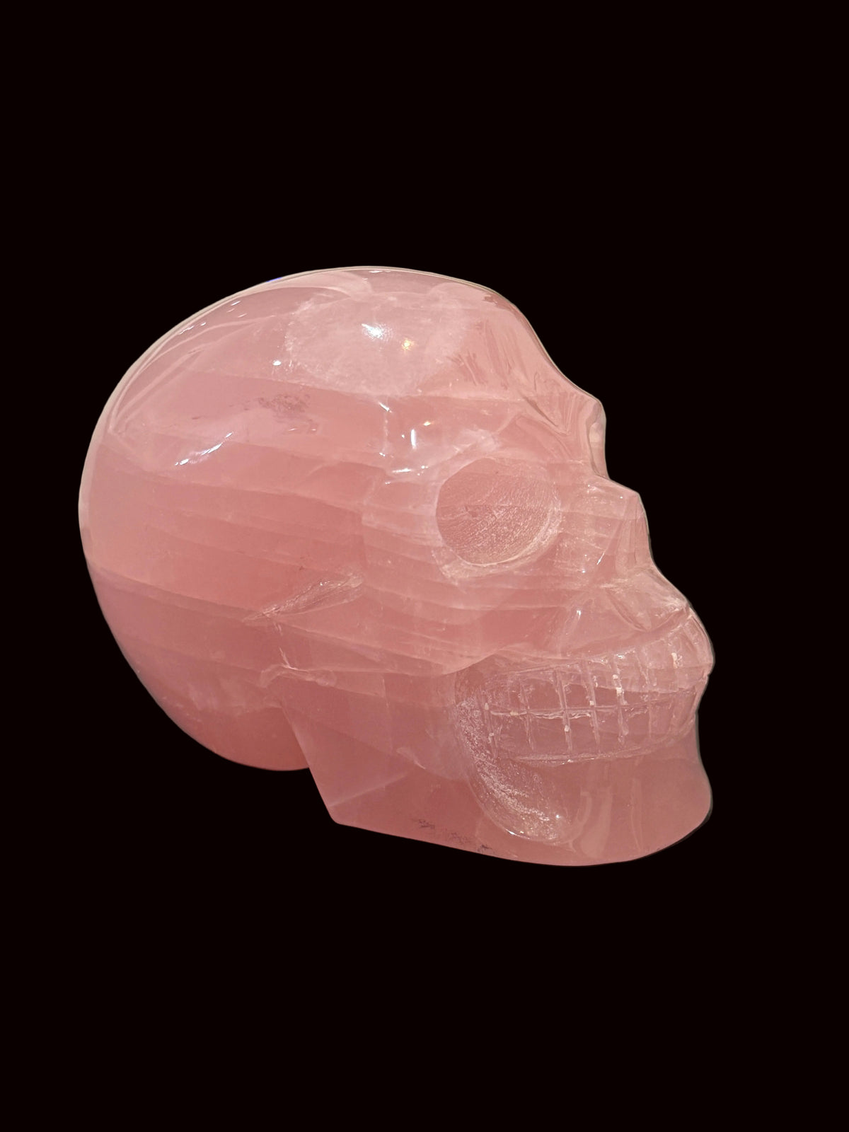Madagascar Rose Quartz Crystal Skull - back view showing full carving