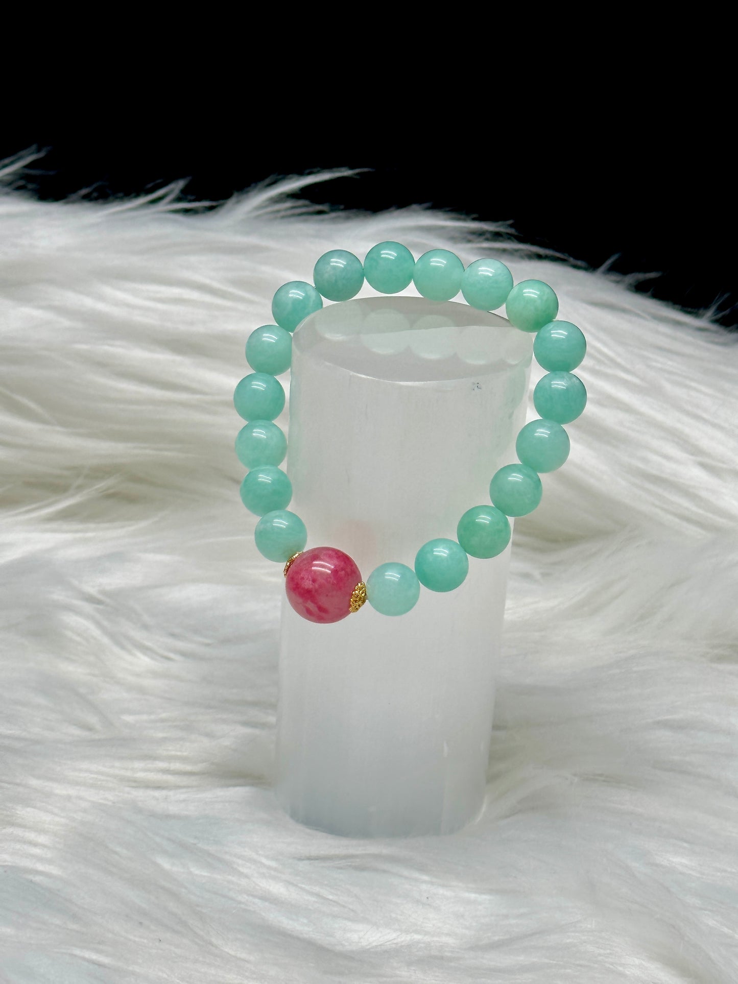AAA Natural Amazonite Crystal Bracelet with Rhodonite Center Bead – 9mm or 13mm Beads, High-Quality Healing Crystals