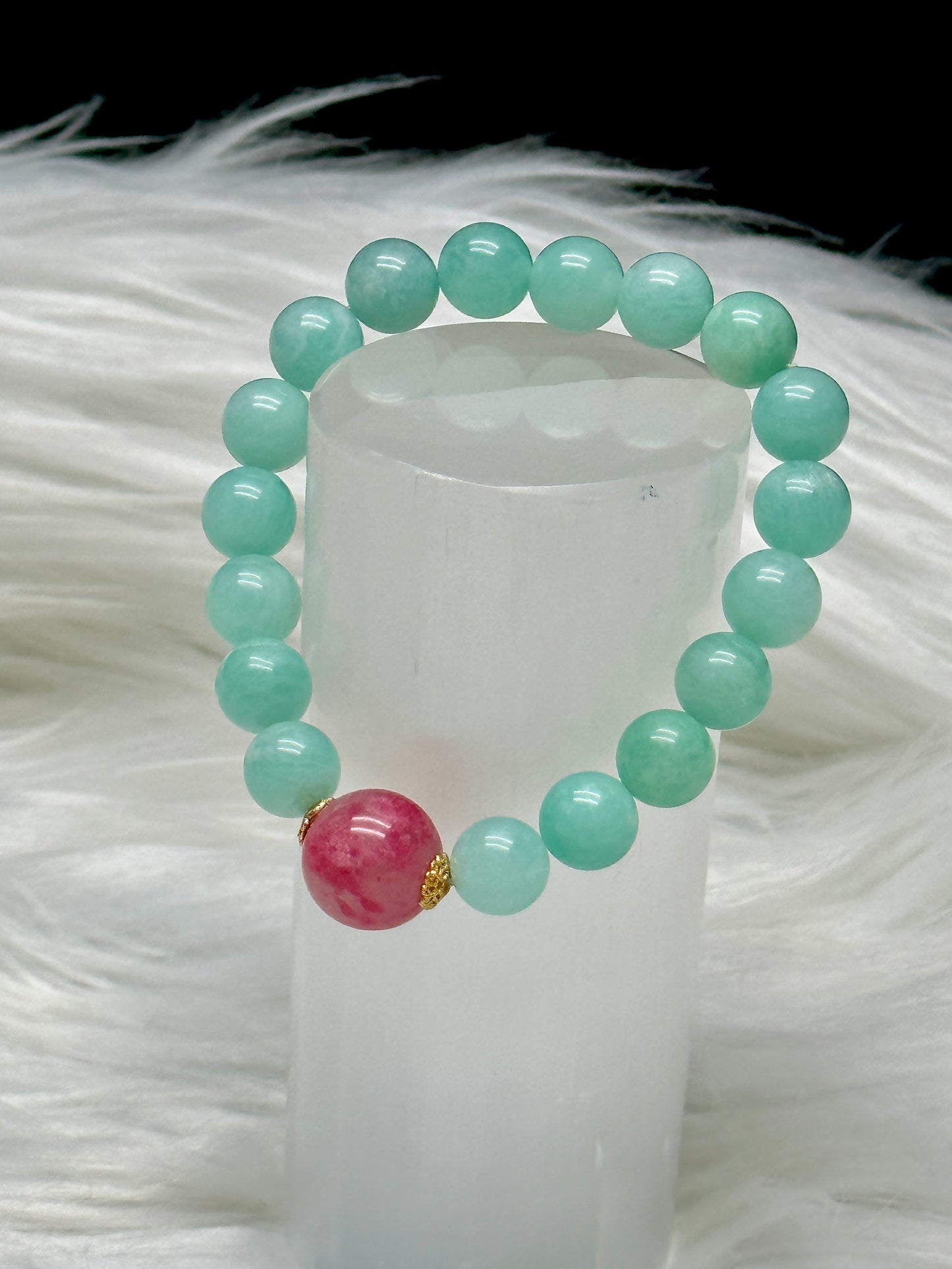 AAA Natural Amazonite Crystal Bracelet with Rhodonite Center Bead – 9mm or 13mm Beads, High-Quality Healing Crystals
