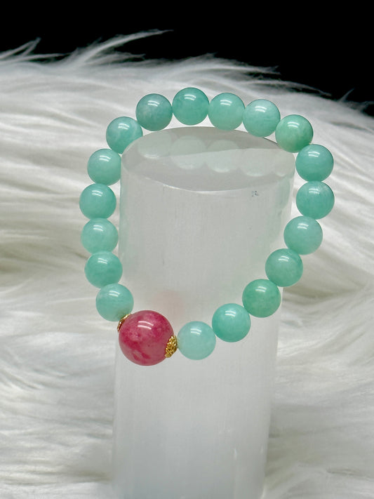AAA Natural Amazonite Crystal Bracelet with Rhodonite Center Bead – 9mm or 13mm Beads, High-Quality Healing Crystals