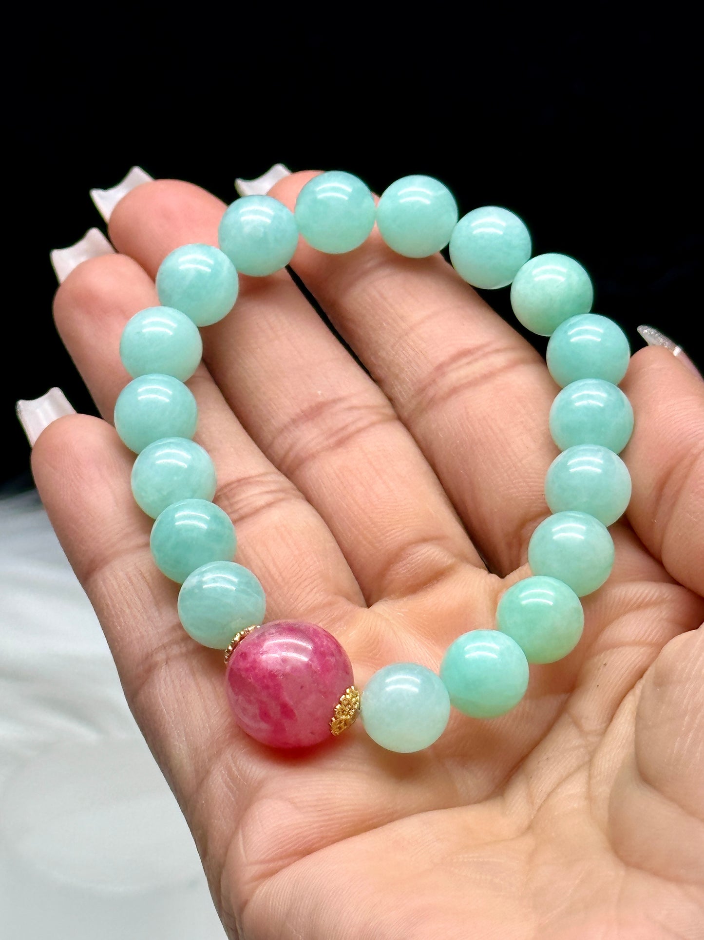 AAA Natural Amazonite Crystal Bracelet with Rhodonite Center Bead – 9mm or 13mm Beads, High-Quality Healing Crystals