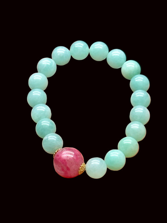 AAA Natural Amazonite Crystal Bracelet with Rhodonite Center Bead – 9mm or 13mm Beads, High-Quality Healing Crystals