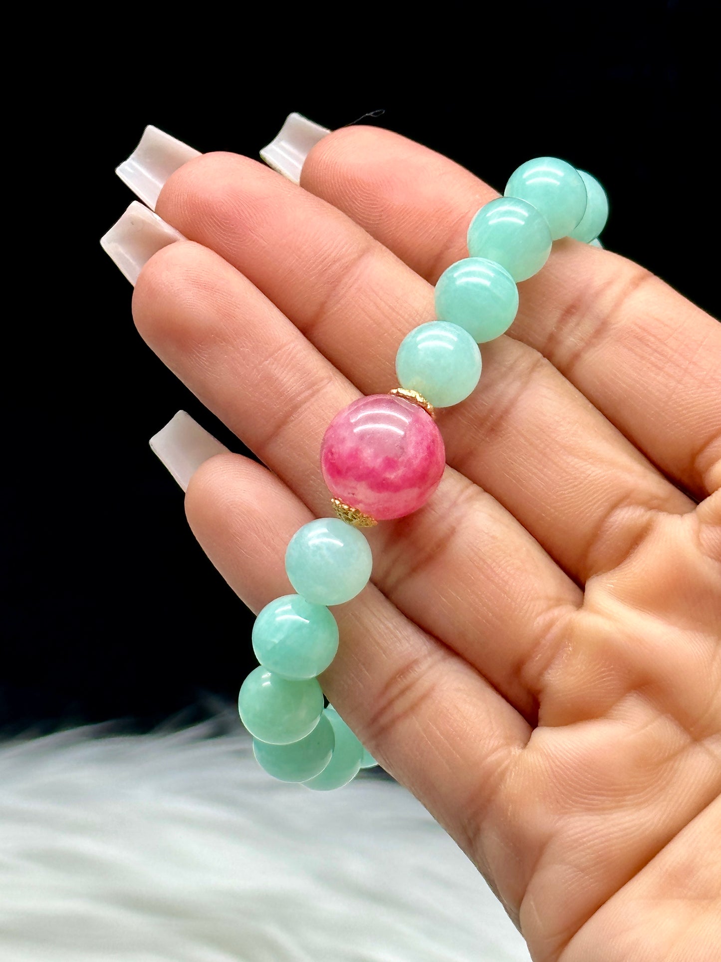AAA Natural Amazonite Crystal Bracelet with Rhodonite Center Bead – 9mm or 13mm Beads, High-Quality Healing Crystals