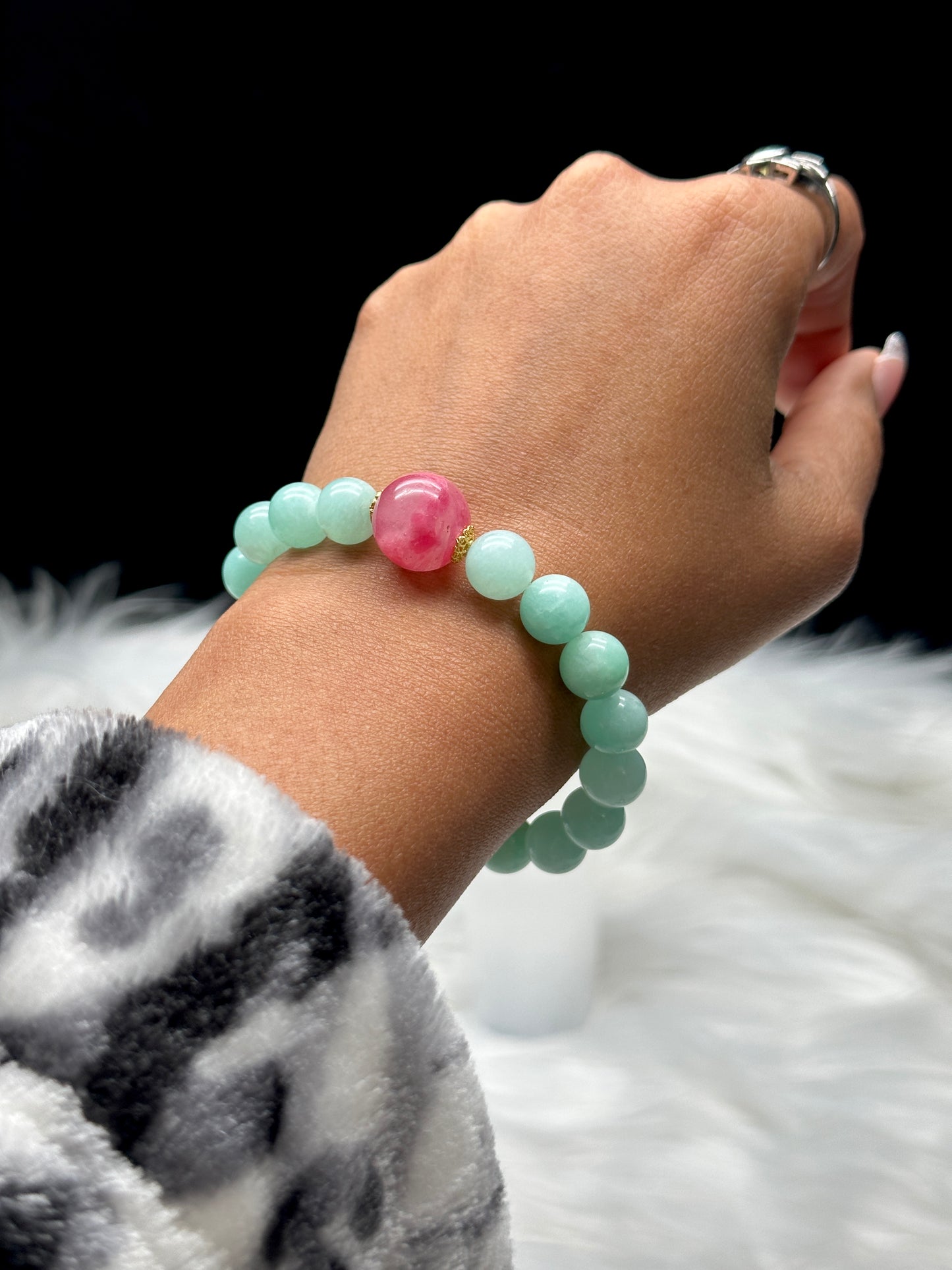 AAA Natural Amazonite Crystal Bracelet with Rhodonite Center Bead – 9mm or 13mm Beads, High-Quality Healing Crystals