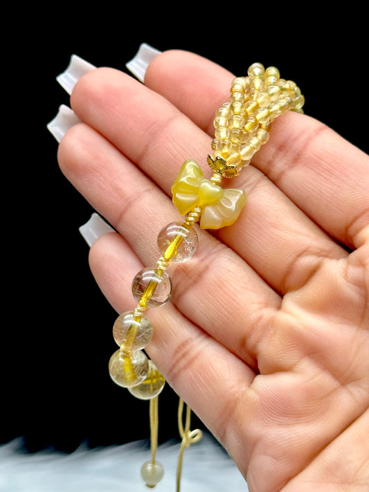 Gold Rutile Quartz Crystal Bracelet with Amber Butterfly Centerpiece – Handcrafted Healing Gemstone Jewelry