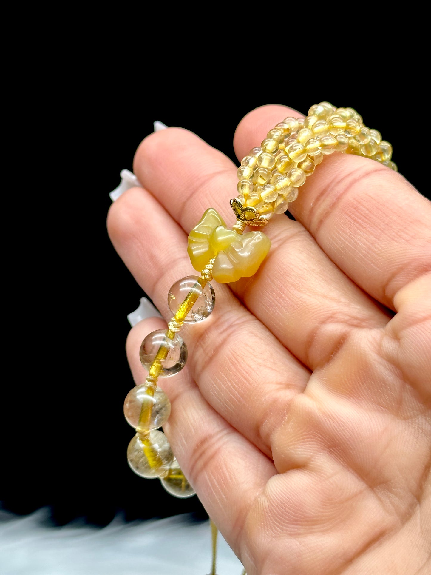 Gold Rutile Quartz Crystal Bracelet with Amber Butterfly Centerpiece – Handcrafted Healing Gemstone Jewelry