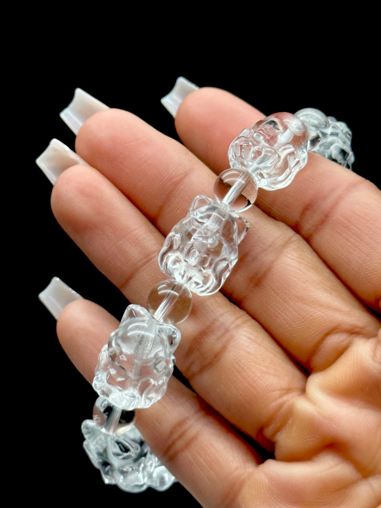 Nine-Tailed Fox Carved Clear Quartz Crystal Bracelet – Handcrafted Healing Crystal Jewelry