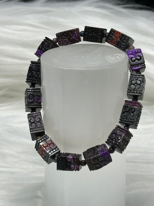 Natural Top-Quality Sugilite Crystal Bracelet – Hand-Carved Beads, Stretchable Cord