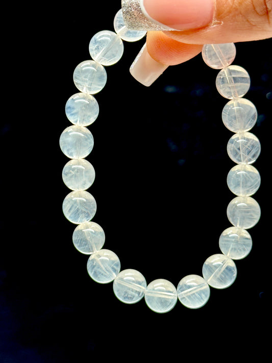 Rare Blue Needle Quartz Crystal Bracelet – 8mm Beads, Visible Blue Inclusions, Powerful Energy