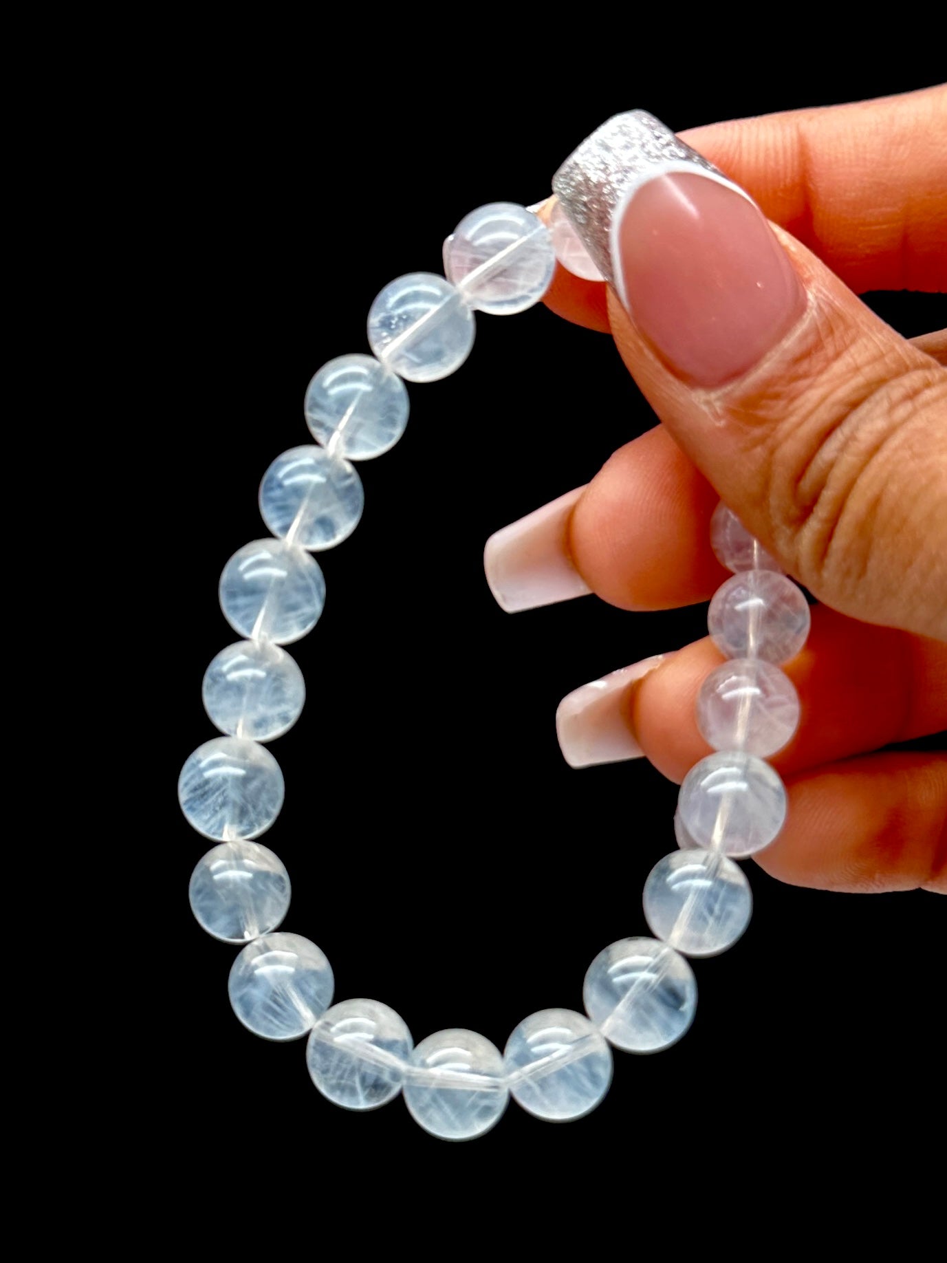 Rare Blue Needle Quartz Crystal Bracelet – 8mm Beads, Visible Blue Inclusions, Powerful Energy
