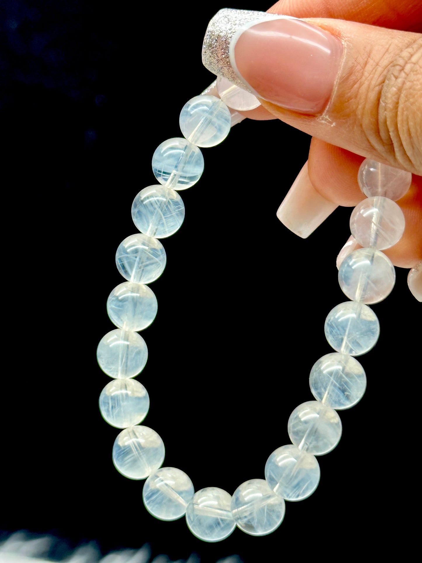 Rare Blue Needle Quartz Crystal Bracelet – 8mm Beads, Visible Blue Inclusions, Powerful Energy