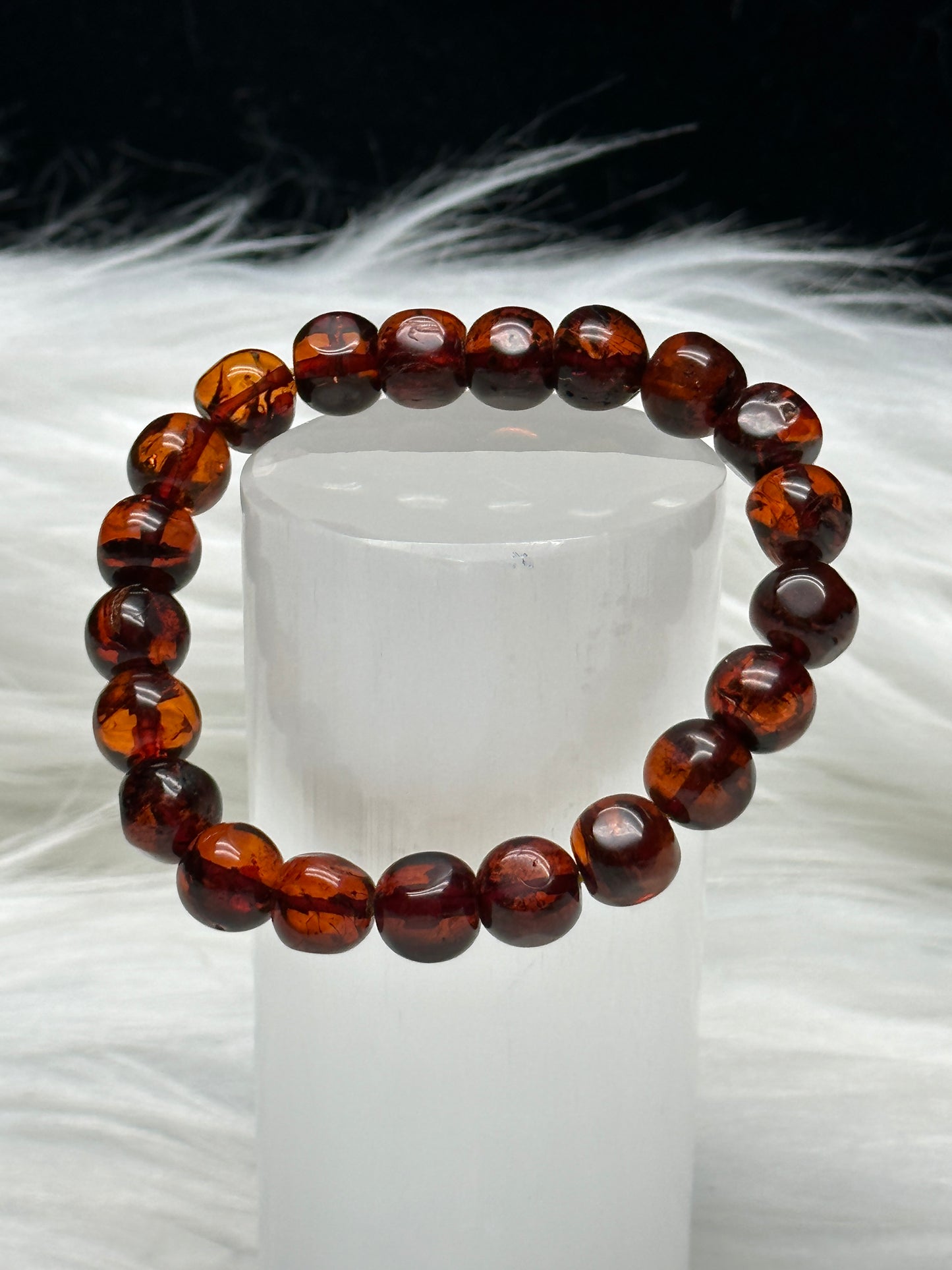 Natural Red Amber Bead Bracelet – 8.5mm Beads, Stretchable Cord