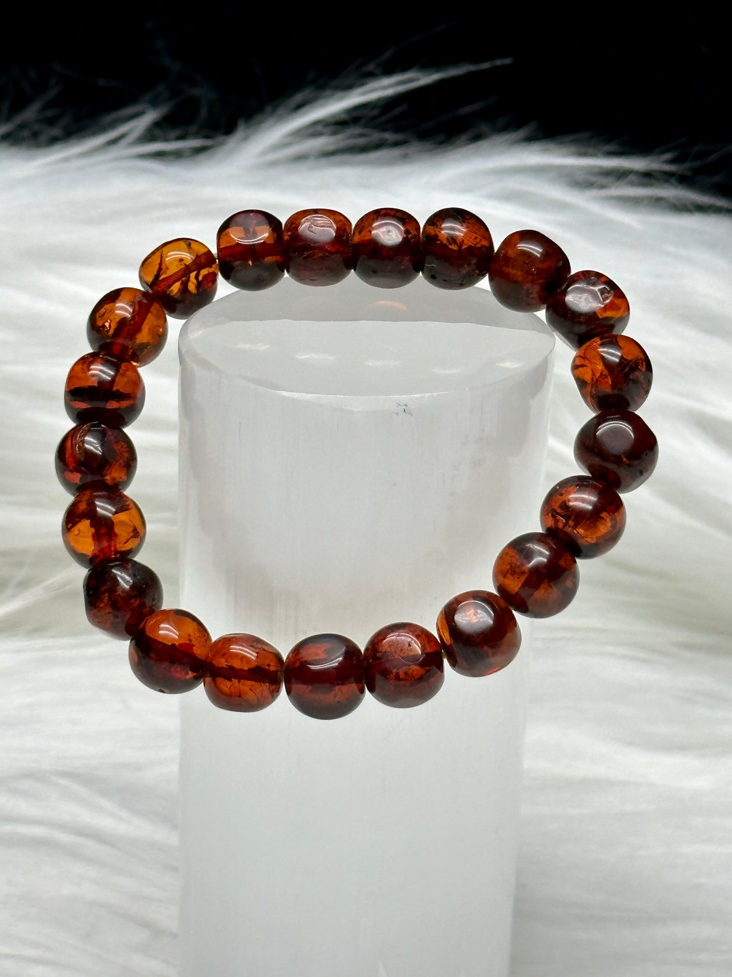 Natural Red Amber Bead Bracelet – 8.5mm Beads, Stretchable Cord