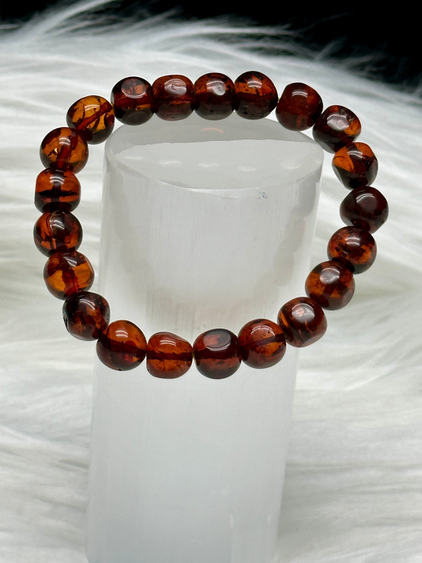 Natural Red Amber Bead Bracelet – 8.5mm Beads, Stretchable Cord
