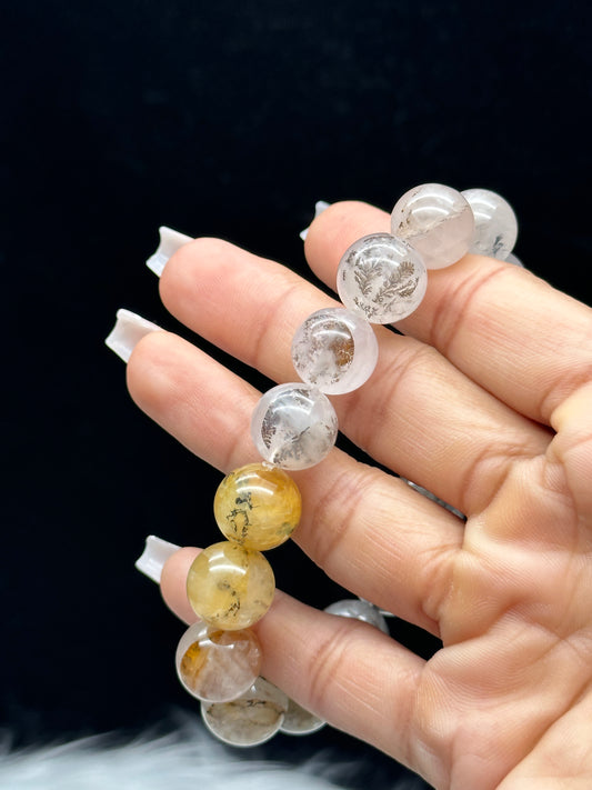 Natural Dendritic Quartz Crystal Bracelet – 12mm Beads with Golden Healer Inclusions