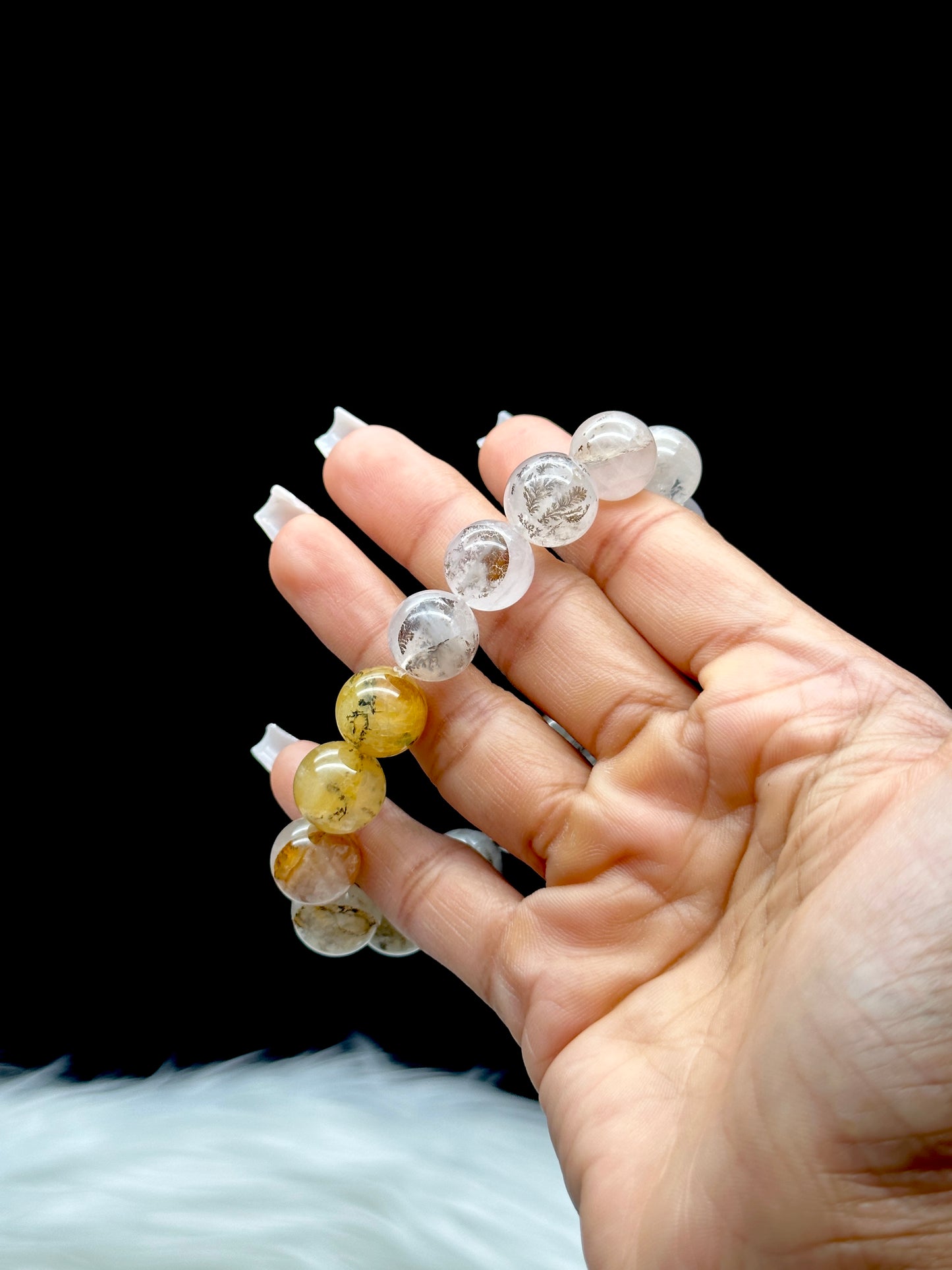 Natural Dendritic Quartz Crystal Bracelet – 12mm Beads with Golden Healer Inclusions