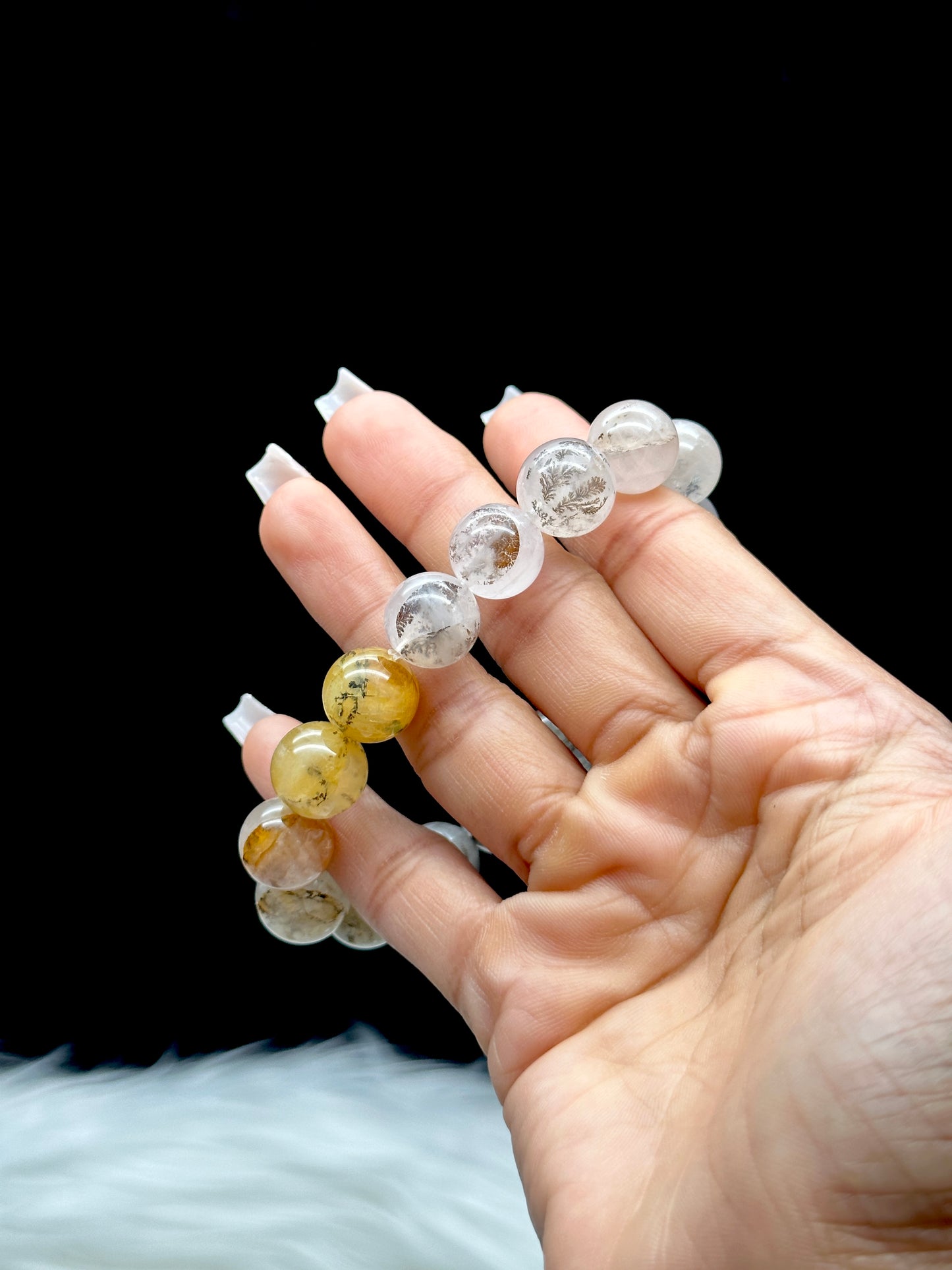 Natural Dendritic Quartz Crystal Bracelet – 12mm Beads with Golden Healer Inclusions