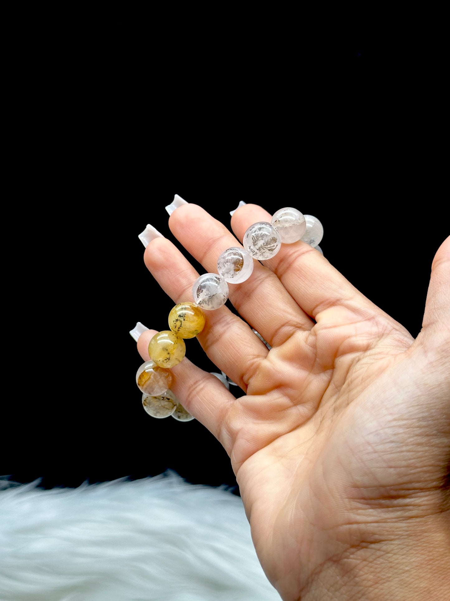 Natural Dendritic Quartz Crystal Bracelet – 12mm Beads with Golden Healer Inclusions