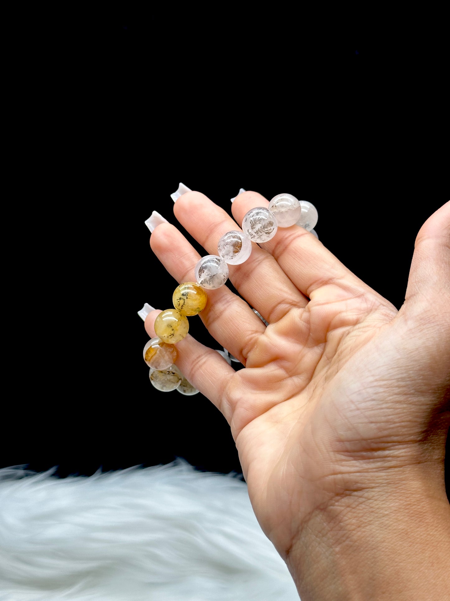 Natural Dendritic Quartz Crystal Bracelet – 12mm Beads with Golden Healer Inclusions