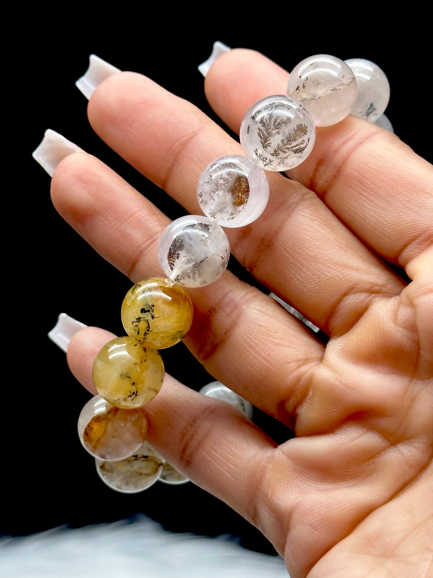 Natural Dendritic Quartz Crystal Bracelet – 12mm Beads with Golden Healer Inclusions