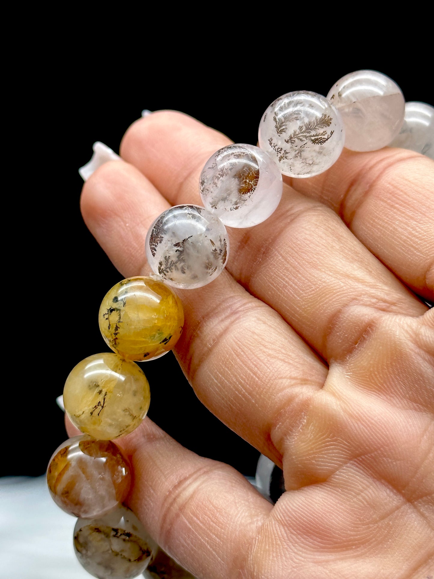 Natural Dendritic Quartz Crystal Bracelet – 12mm Beads with Golden Healer Inclusions