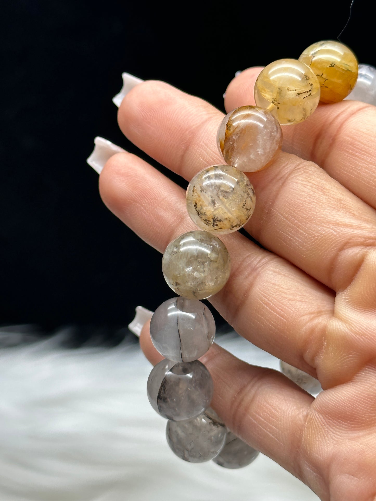 Natural Dendritic Quartz Crystal Bracelet – 12mm Beads with Golden Healer Inclusions