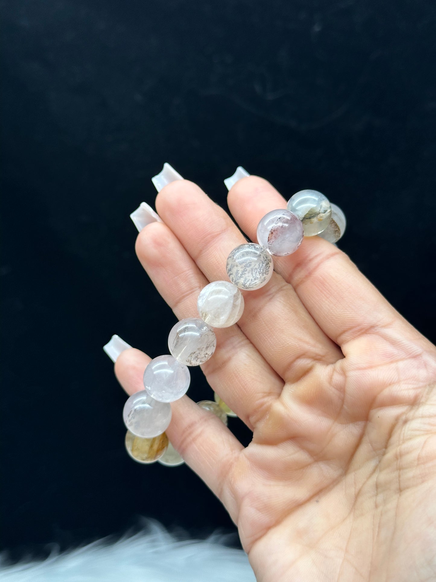 Dendritic Quartz Crystal Bracelet – 12mm Natural Stone Beads for Healing and Energy