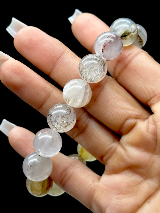 Dendritic Quartz Crystal Bracelet – 12mm Natural Stone Beads for Healing and Energy