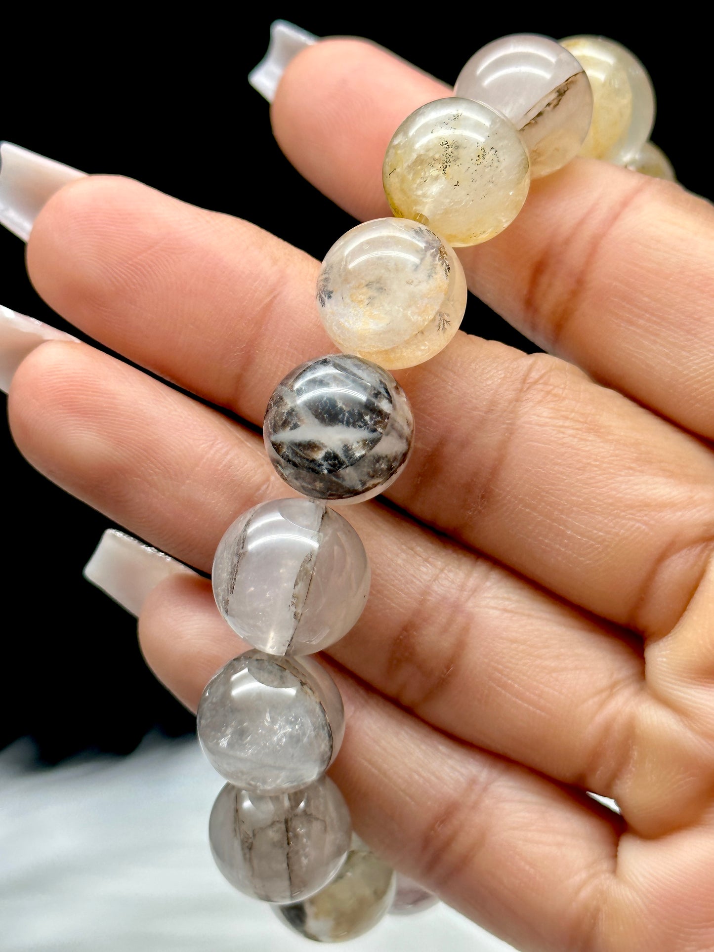 Dendritic Quartz Crystal Bracelet – 12mm Natural Stone Beads for Healing and Energy