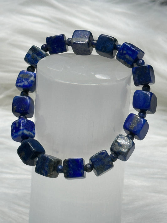 Natural Lapis Lazuli Square Bead Bracelet | Stretchable Crystal Healing Bracelet