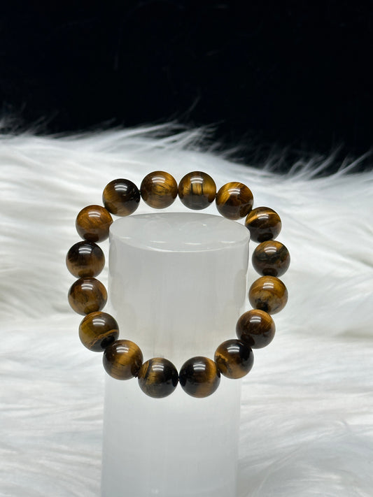 Natural Tiger Eye Crystal Bracelet | 12mm Beads | Stretchable Cord | No Size Customization