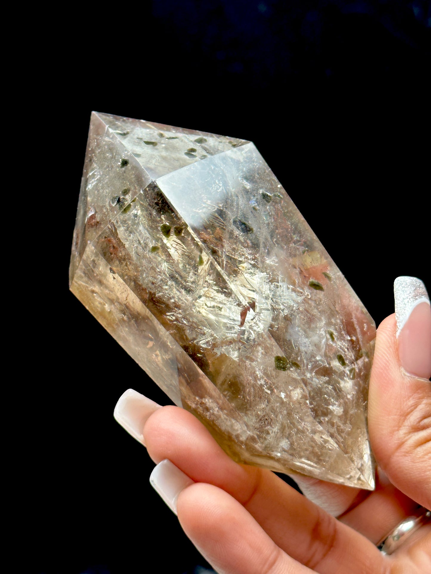 Rare Smoky Quartz Crystal With Green Tourmaline Inclusions Double Terminated Point