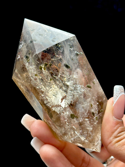 Rare Smoky Quartz Crystal With Green Tourmaline Inclusions Double Terminated Point