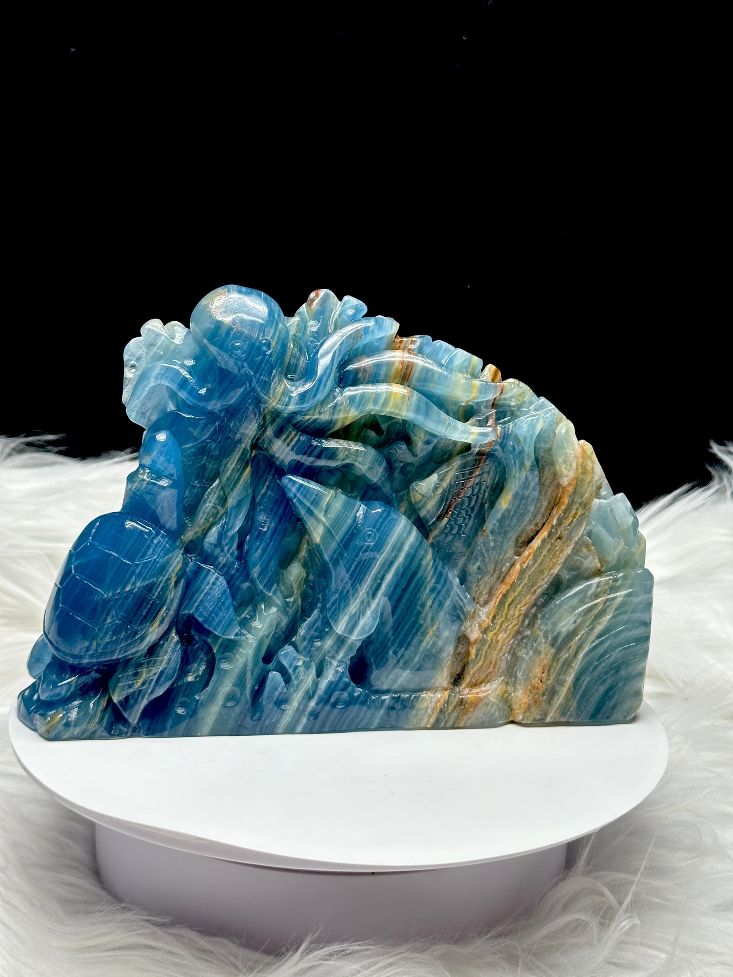Blue Onyx Crystal Seaworld Carving | 1.2 kg | 5 Inches Tall | Unique Ocean-Inspired Crystal Sculpture