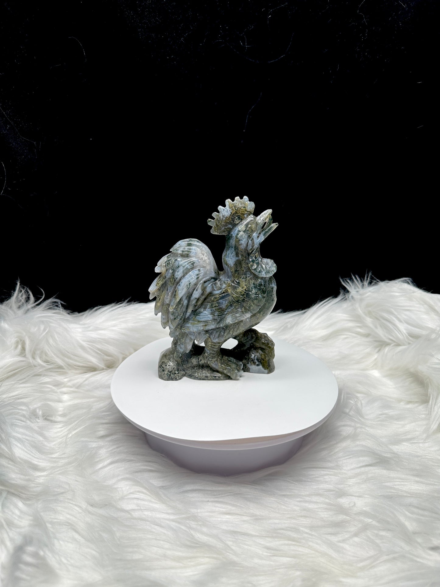 Natural High-Quality Moss Agate Crystal Rooster Carving - 6.6 Inches - Invigorate Your Space with Abundance