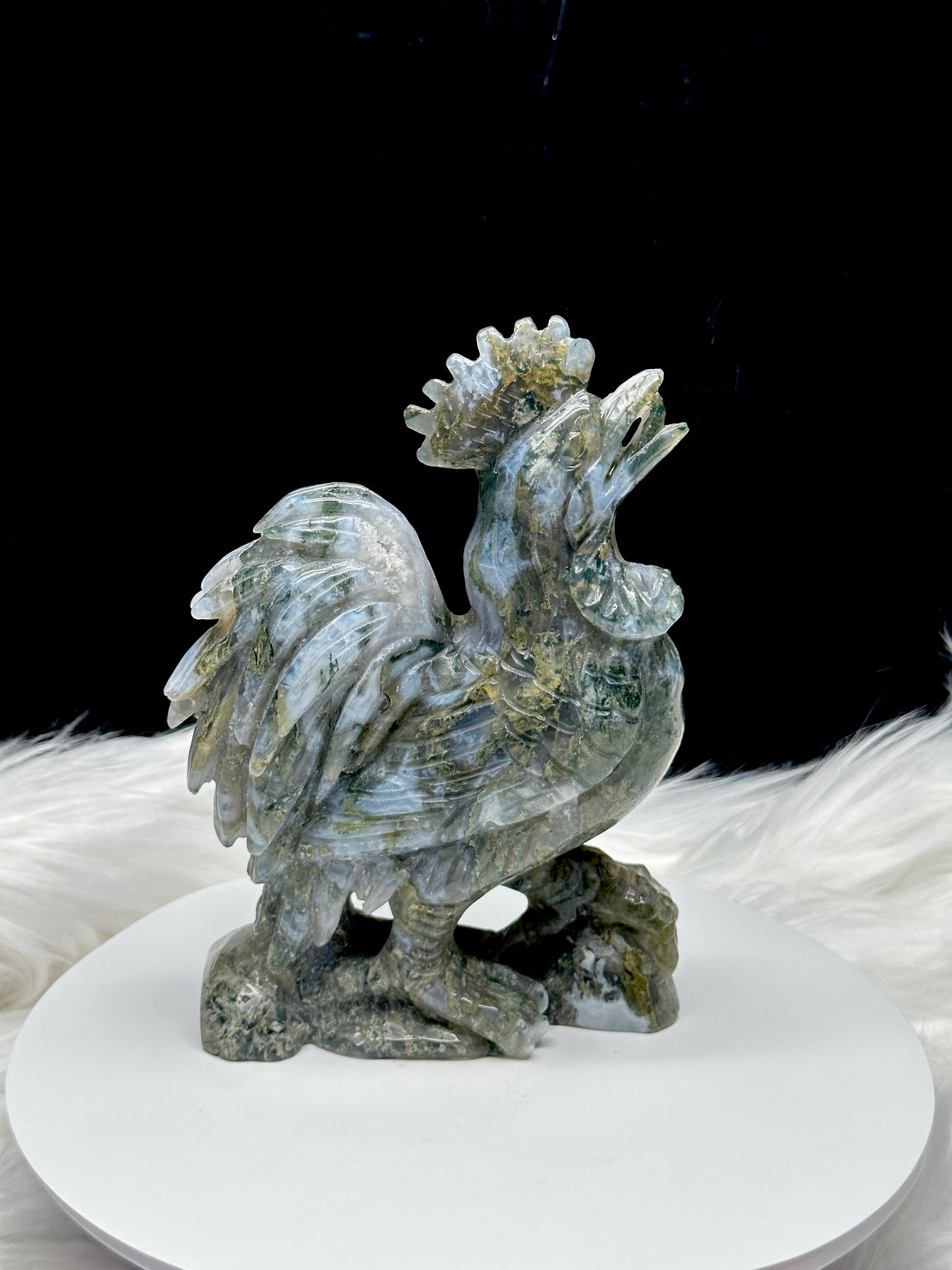 Natural High-Quality Moss Agate Crystal Rooster Carving - 6.6 Inches - Invigorate Your Space with Abundance