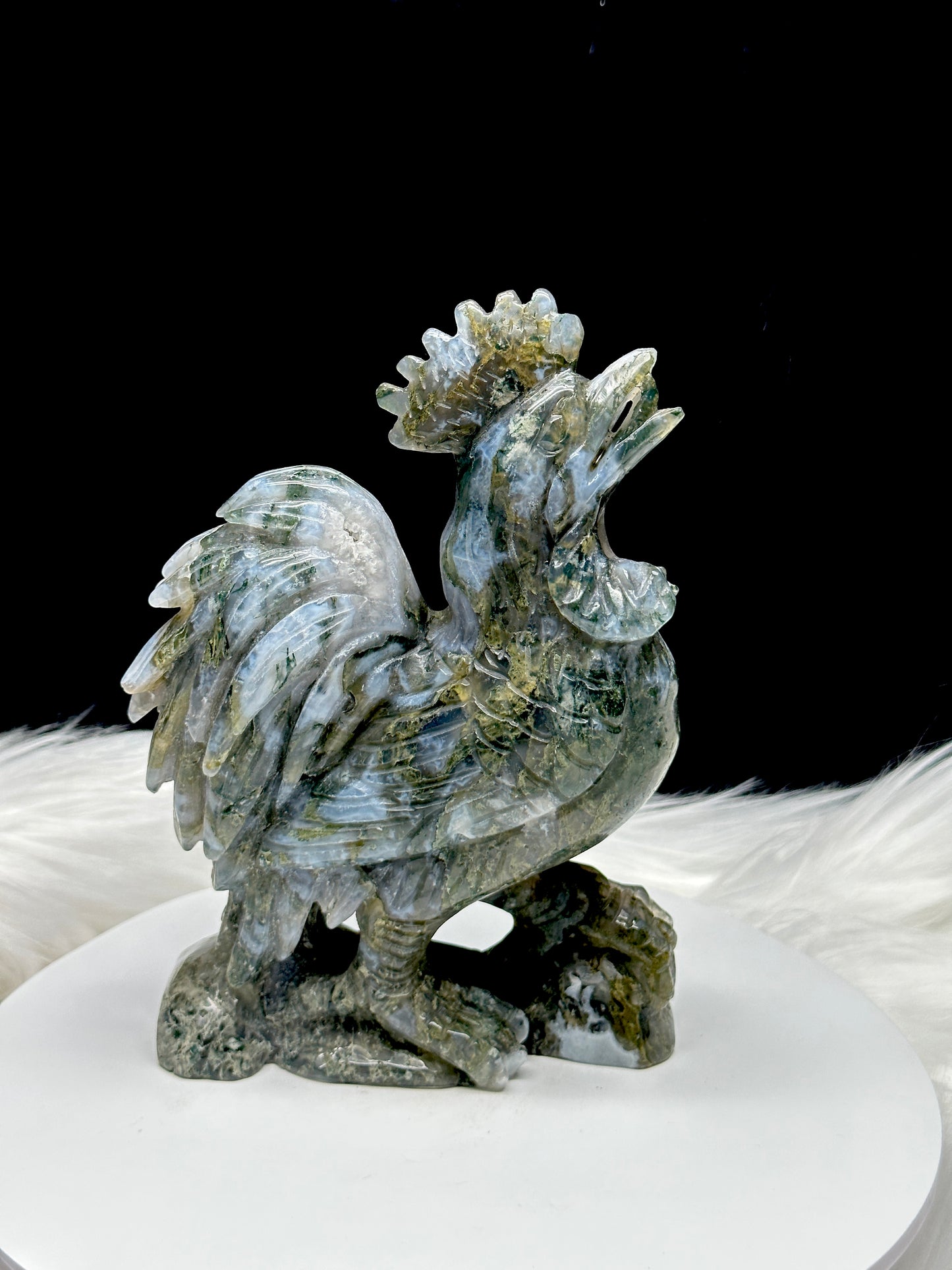 Natural High-Quality Moss Agate Crystal Rooster Carving - 6.6 Inches - Invigorate Your Space with Abundance