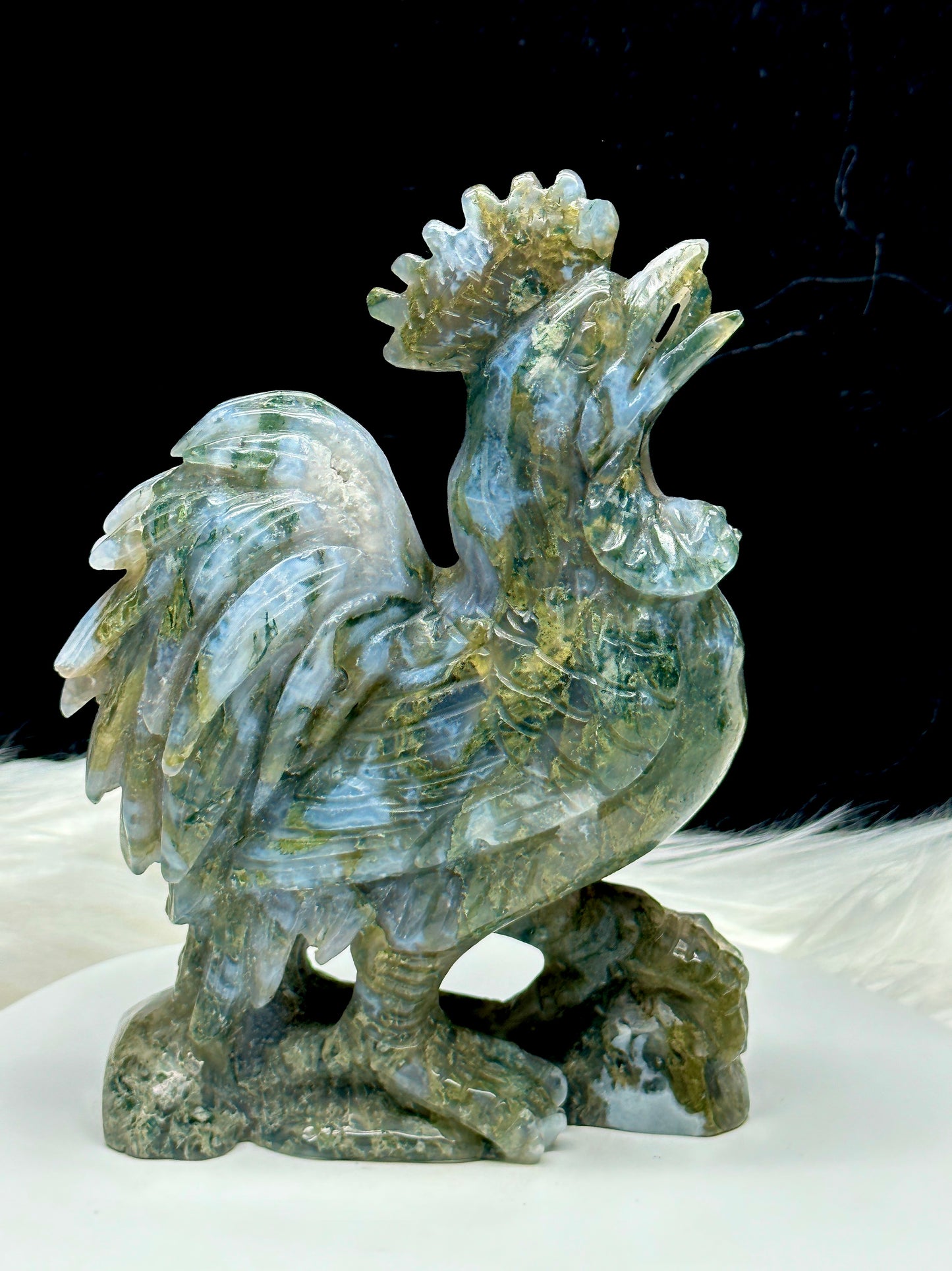 Natural High-Quality Moss Agate Crystal Rooster Carving - 6.6 Inches - Invigorate Your Space with Abundance