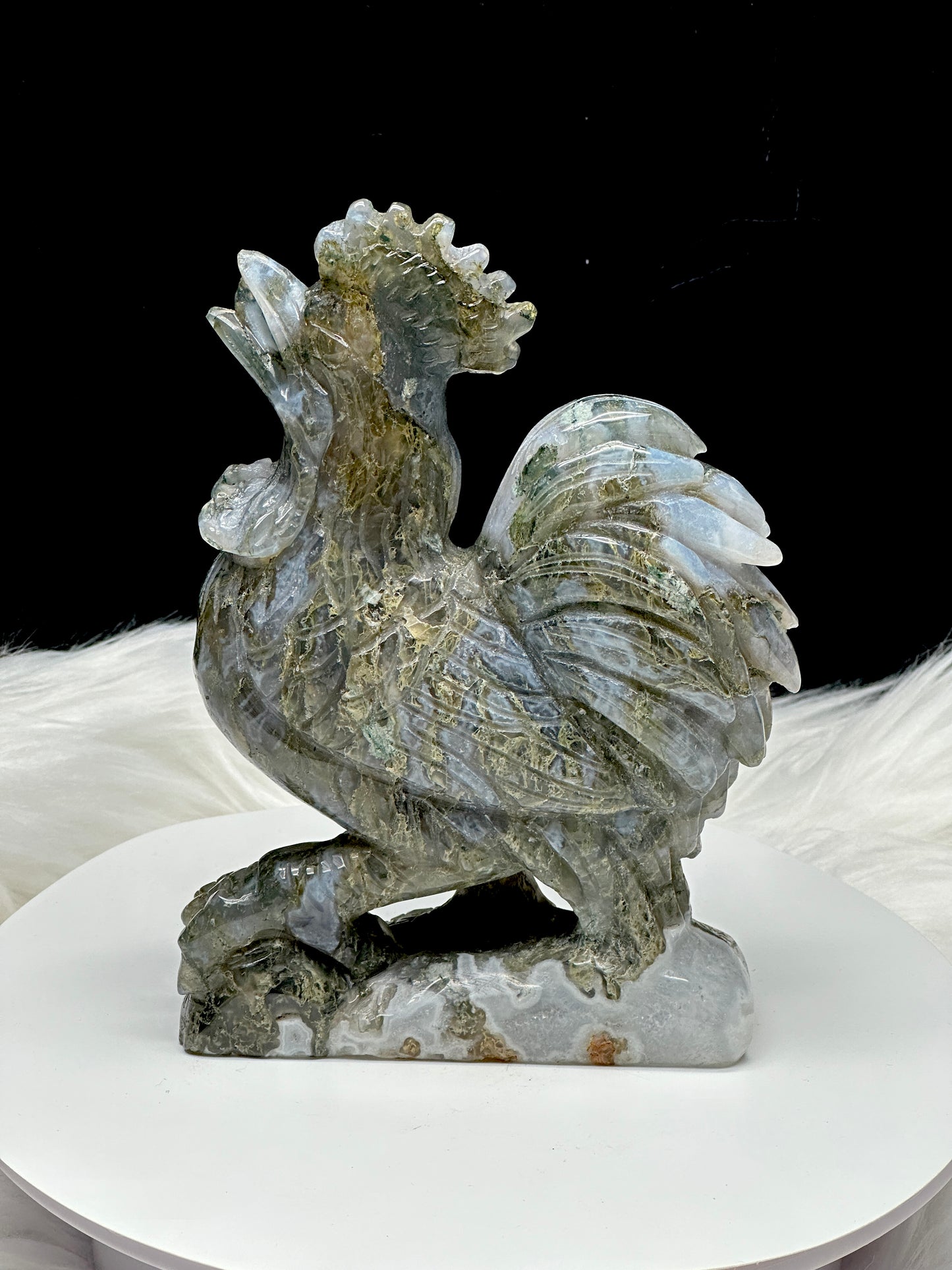 Natural High-Quality Moss Agate Crystal Rooster Carving - 6.6 Inches - Invigorate Your Space with Abundance