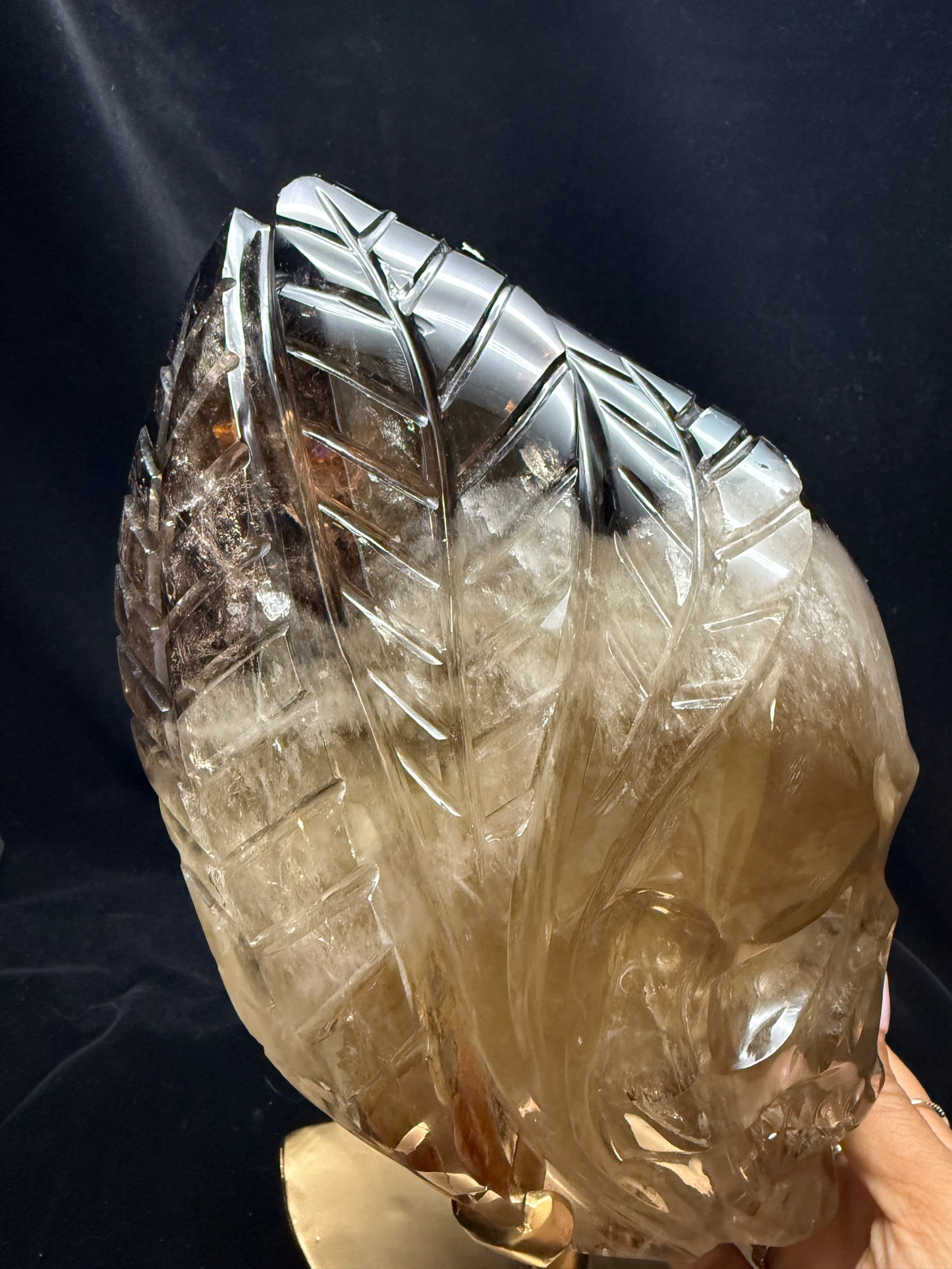 High Quality Brazilian Citrine Skull Sculpture with Leaf Details | Rare Citrine–Smoky Citrine Custom Carving on Gold Rotating Stand